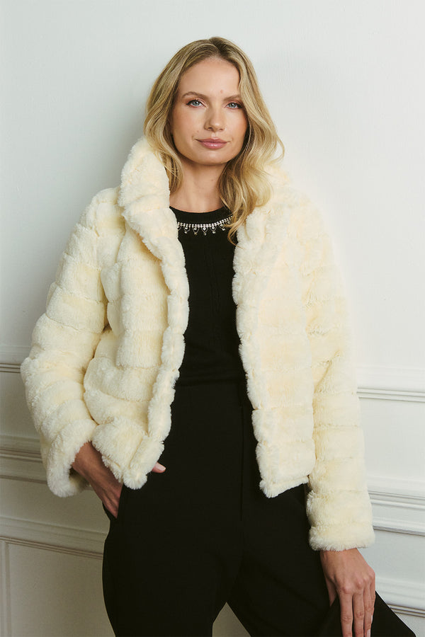 Cream | Faux Fur Cropped Jacket : Model is 5'10"/178 cm and wears UK10/EU38/US6/AUS10