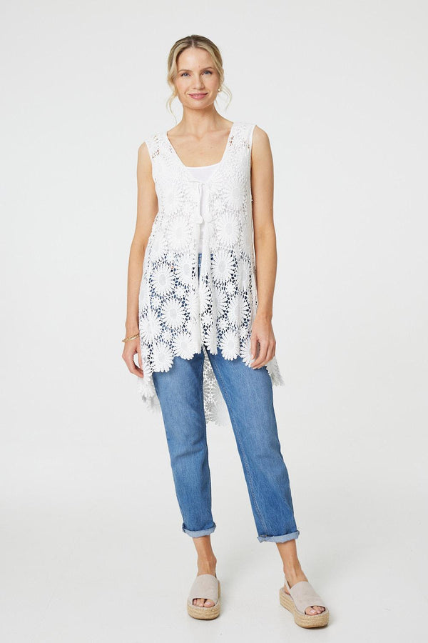 White | Floral Lace Tie Front Cardigan