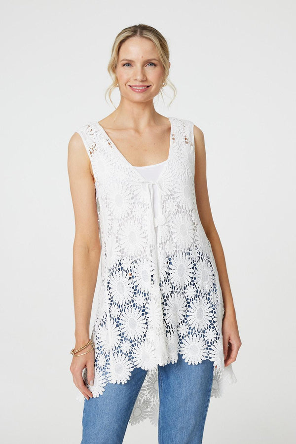 White | Floral Lace Tie Front Cardigan