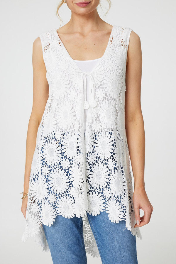 White | Floral Lace Tie Front Cardigan