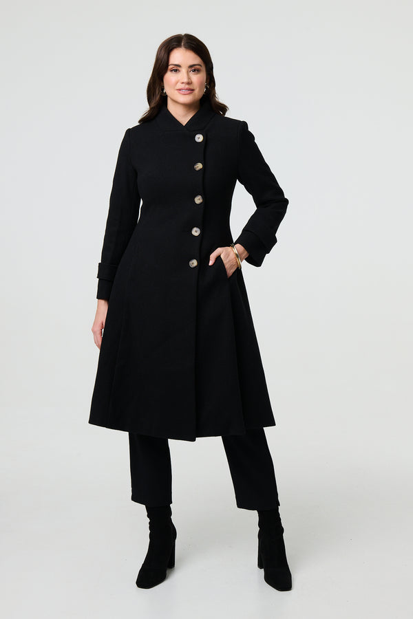 Black | Button Front Funnel Neck Coat
