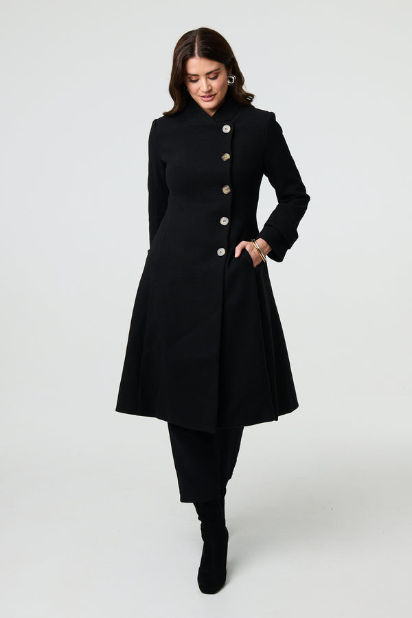 Black | Button Front Funnel Neck Coat
