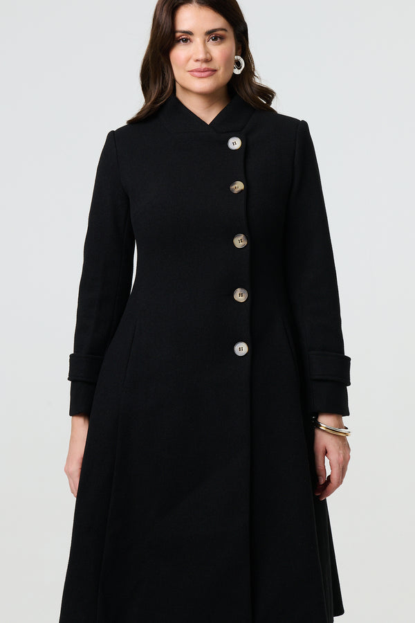 Black | Button Front Funnel Neck Coat
