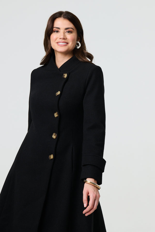 Black | Button Front Funnel Neck Coat
