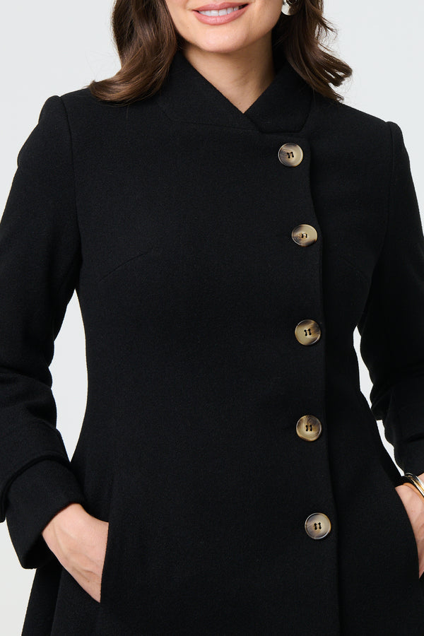 Black | Button Front Funnel Neck Coat
