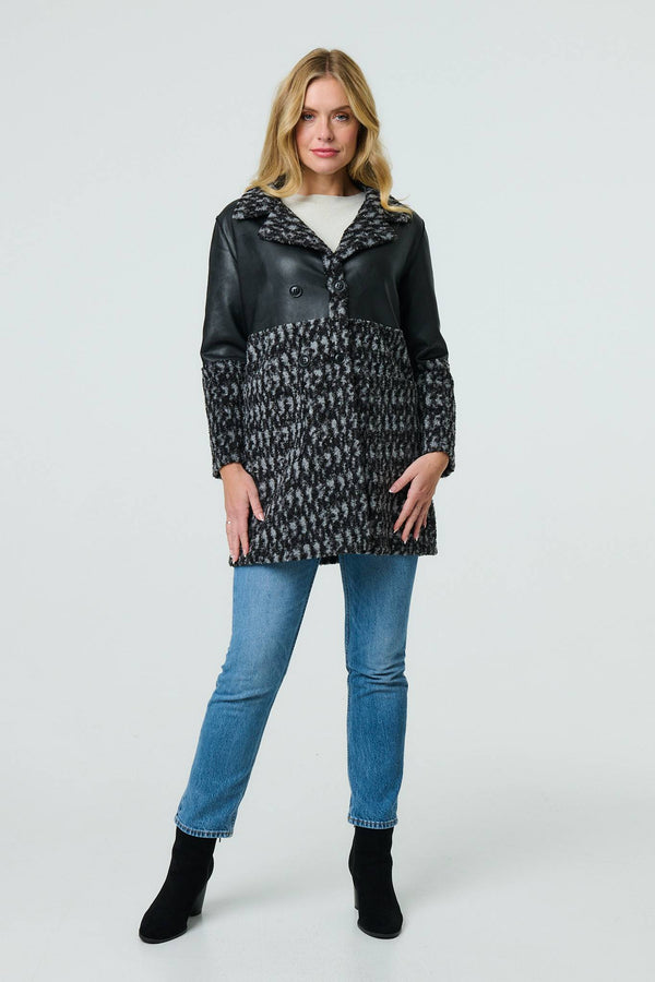 Black | Printed Faux Leather Trim Teddy Jacket
