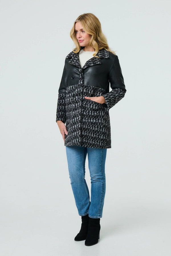 Black | Printed Faux Leather Trim Teddy Jacket
