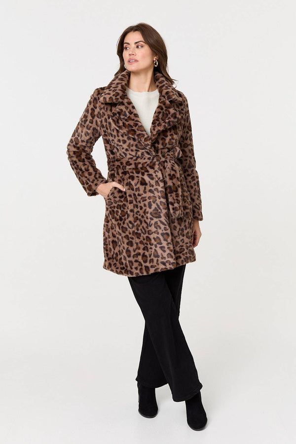 Beige | Animal Print Faux Fur Tie Waist Jacket
