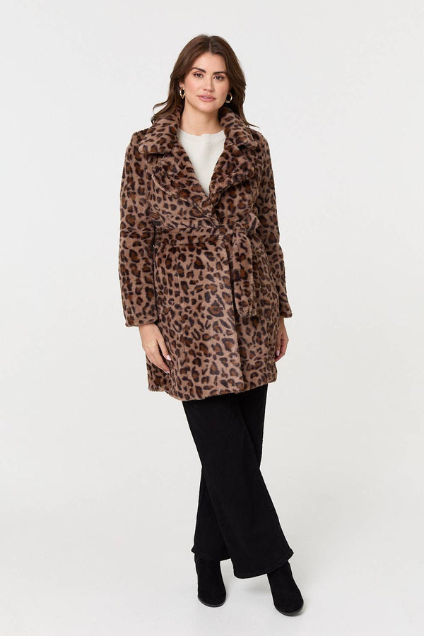 Beige | Animal Print Faux Fur Tie Waist Jacket
