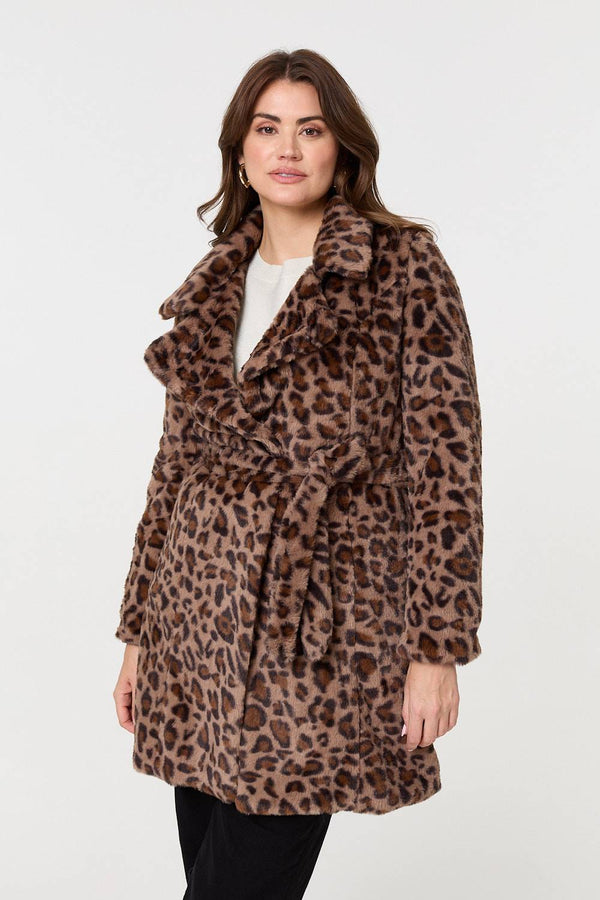 Beige | Animal Print Faux Fur Tie Waist Jacket
