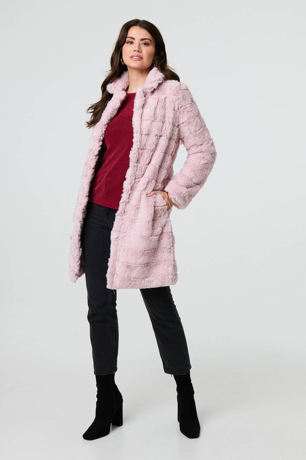 Pink | Faux Fur Thigh Length Coat
