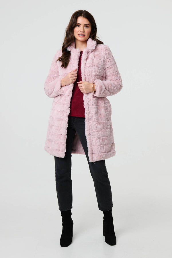 Pink | Faux Fur Thigh Length Coat
