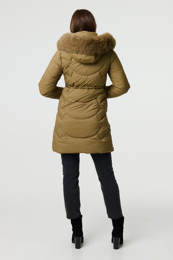 Tan | Faux Fur Hood Longline Puffer Jacket

