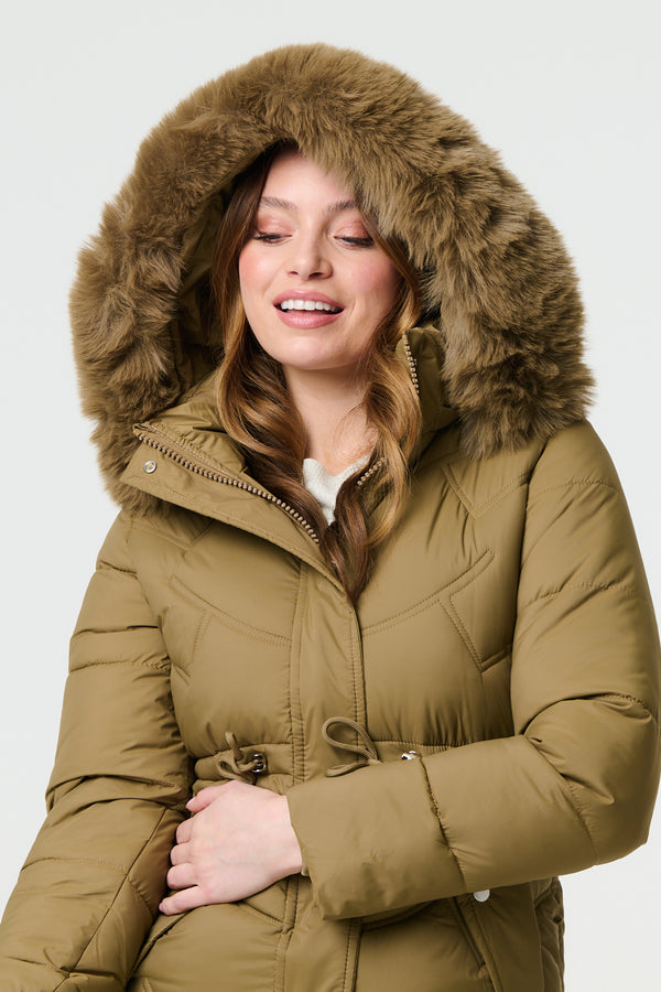 Tan | Faux Fur Hood Longline Puffer Jacket
