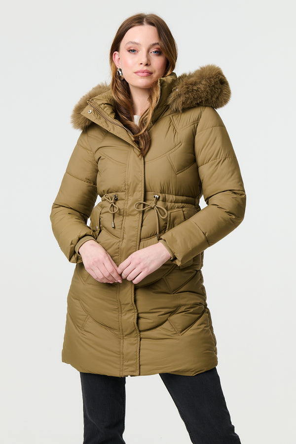 Tan | Faux Fur Hood Longline Puffer Jacket
