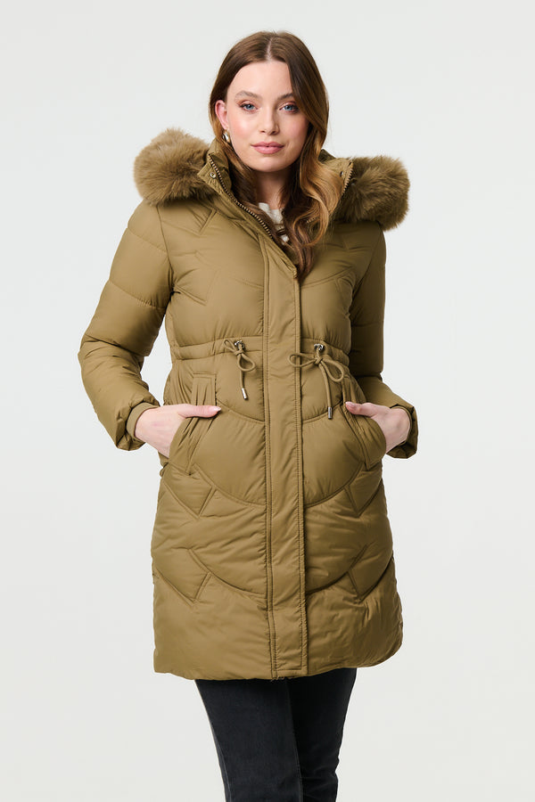 Tan | Faux Fur Hood Longline Puffer Jacket

