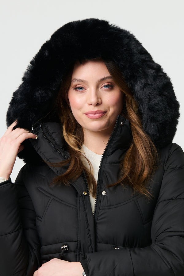 Black | Faux Fur Hood Longline Puffer Jacket
