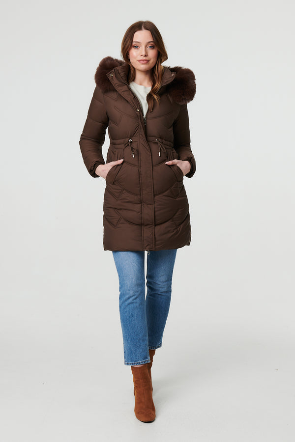 Brown | Faux Fur Hood Longline Puffer Jacket
