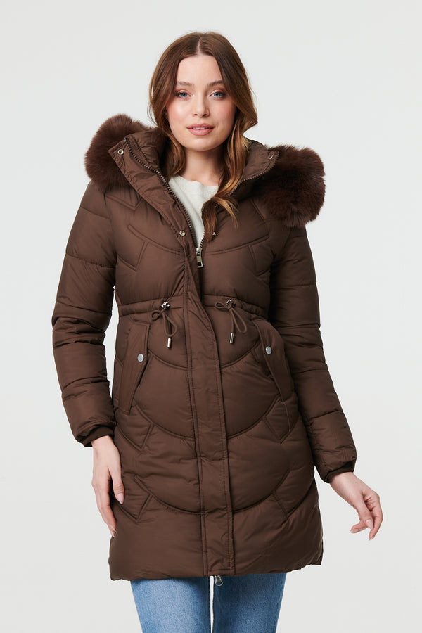 Brown | Faux Fur Hood Longline Puffer Jacket
