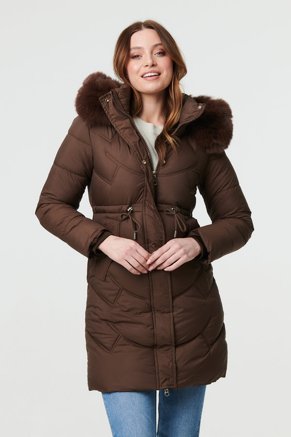 Brown | Faux Fur Hood Longline Puffer Jacket
