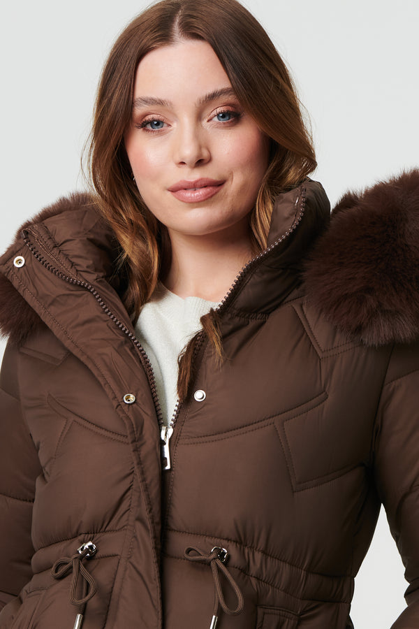 Brown | Faux Fur Hood Longline Puffer Jacket
