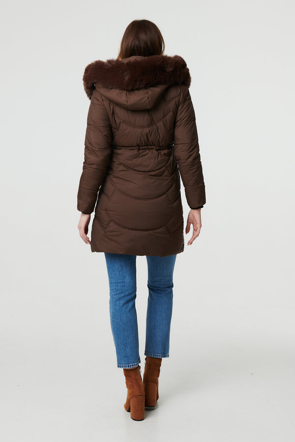 Brown | Faux Fur Hood Longline Puffer Jacket
