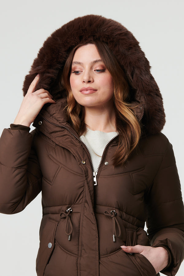 Brown | Faux Fur Hood Longline Puffer Jacket
