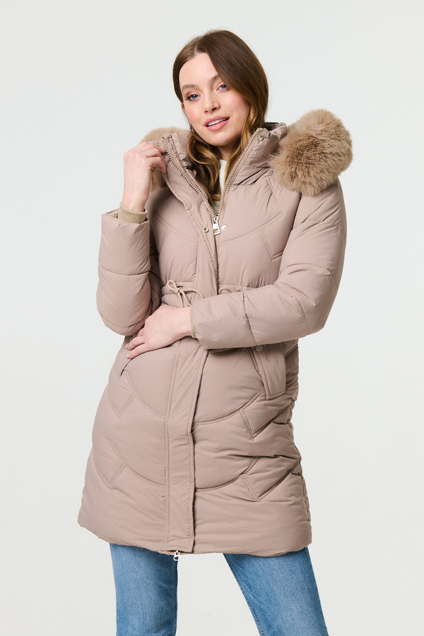 Beige | Faux Fur Hood Longline Puffer Jacket
