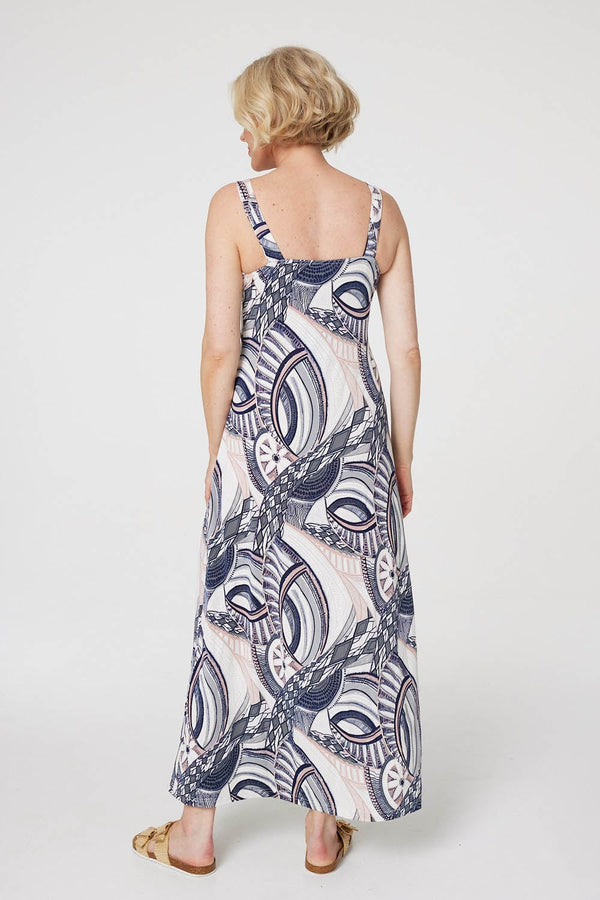 Navy | Abstract Print A-Line Maxi Dress