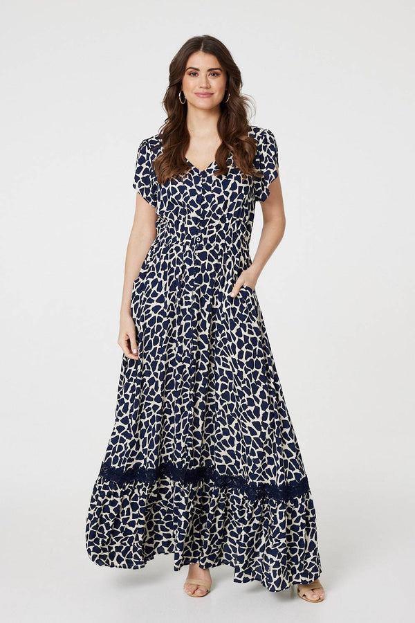 Navy | Abstract Print Button Front Maxi Dress