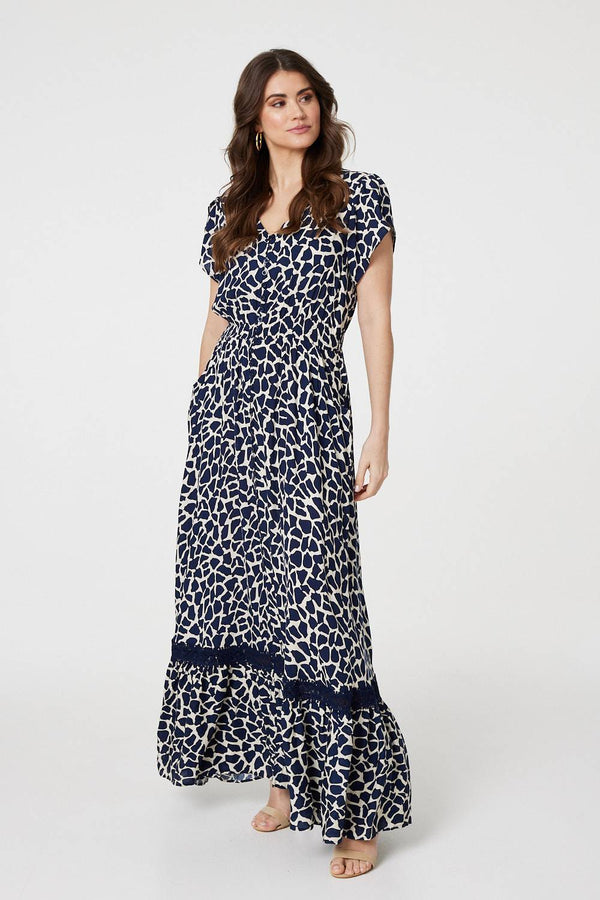 Navy | Abstract Print Button Front Maxi Dress