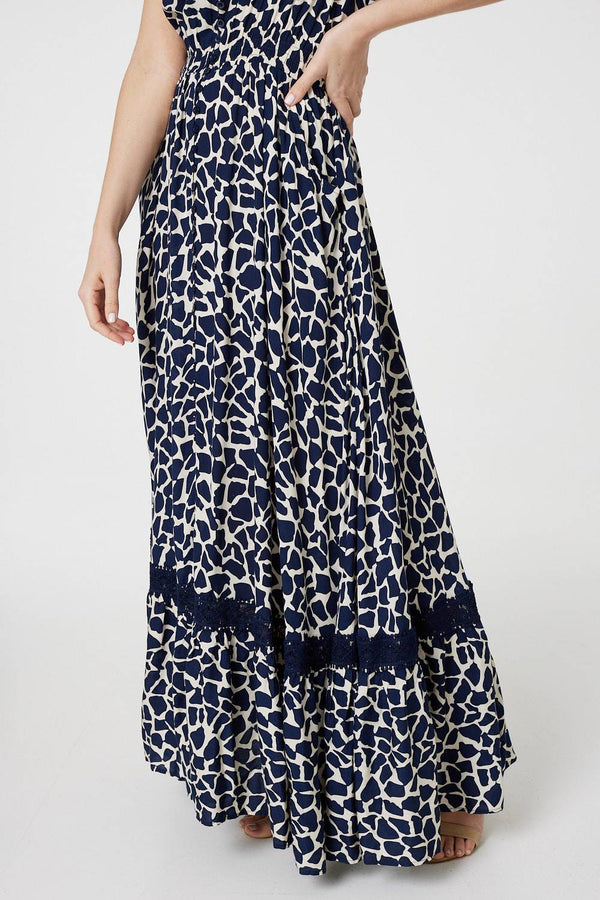 Navy | Abstract Print Button Front Maxi Dress