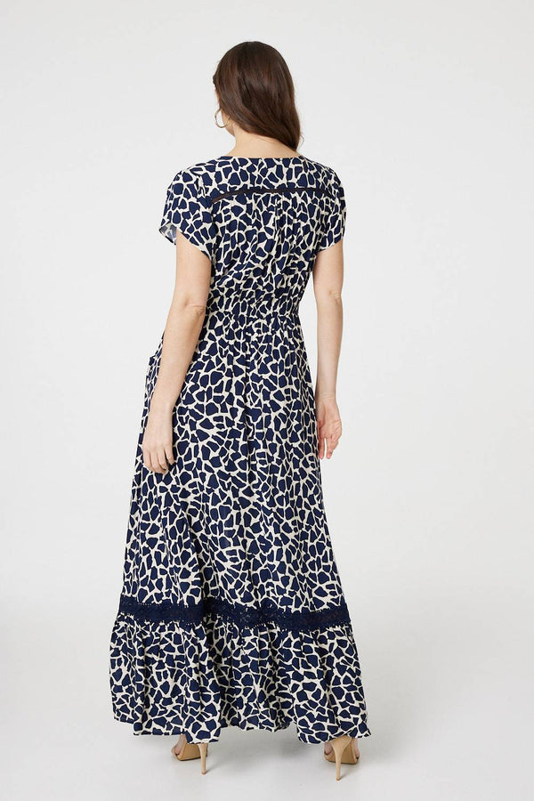 Navy | Abstract Print Button Front Maxi Dress