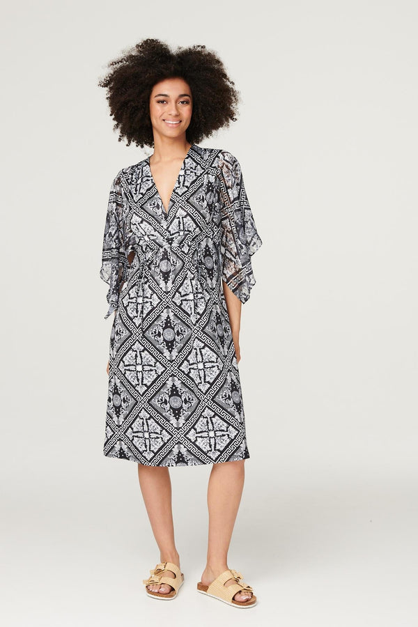 Black | Printed Flare Sleeve Midi Dress