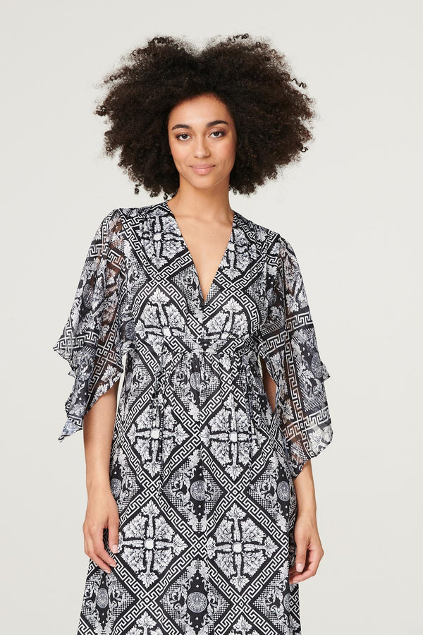 Black | Printed Flare Sleeve Midi Dress