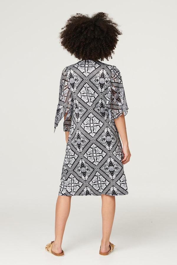 Black | Printed Flare Sleeve Midi Dress