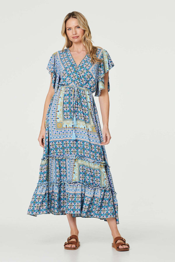 Blue | Printed Frill Sleeve Maxi Dress