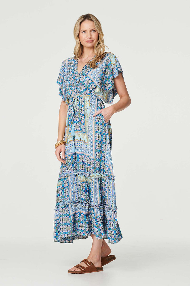 Blue And White Floral Maxi Dress With Frill Sleeves | Miss Floral | SilkFred