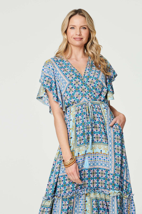 Blue | Printed Frill Sleeve Maxi Dress