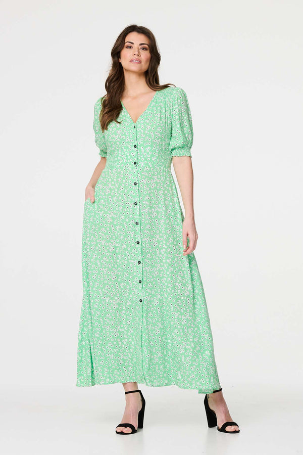 Green | Ditsy Floral 1/2 Puff Sleeve Maxi Dress