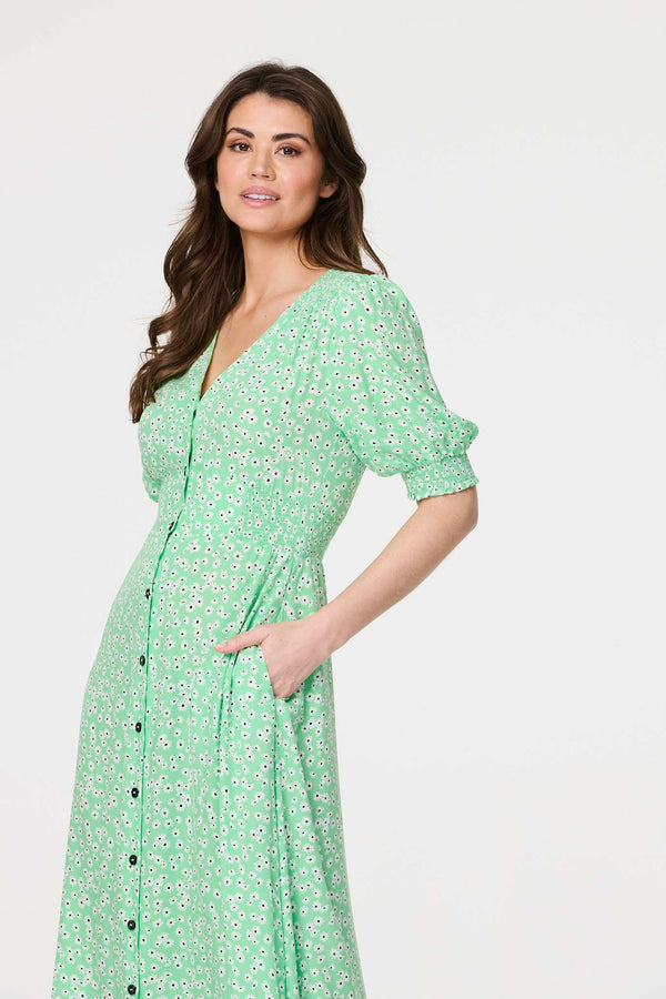 Green | Ditsy Floral 1/2 Puff Sleeve Maxi Dress