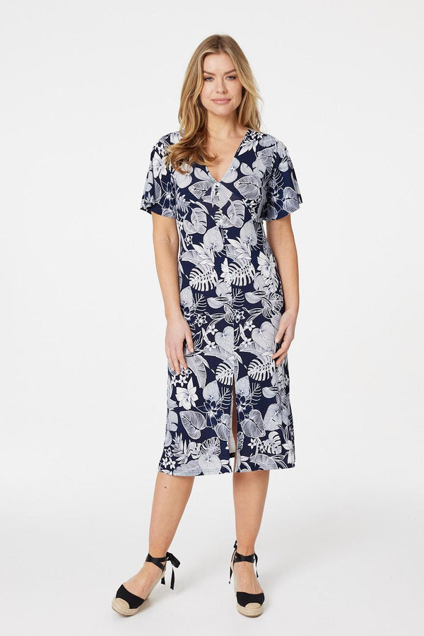 Navy | Leaf Print Front Split Midi Dress