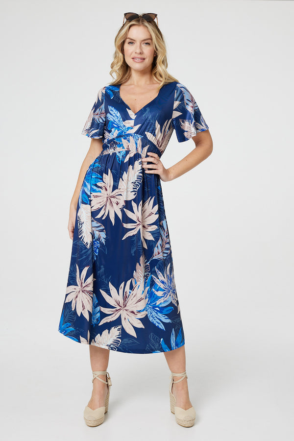 Blue | Leaf Print Empire Waist Midi Dress