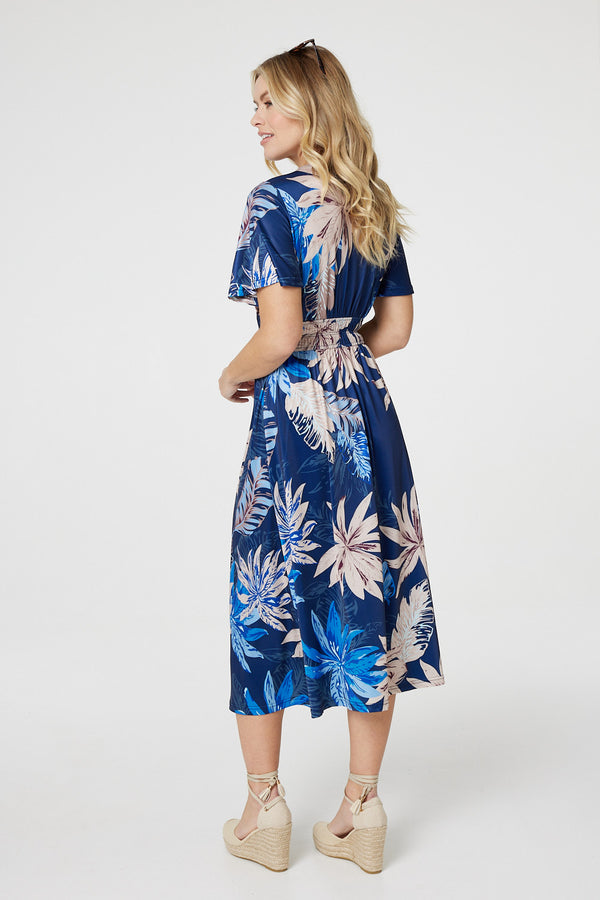 Blue | Leaf Print Empire Waist Midi Dress