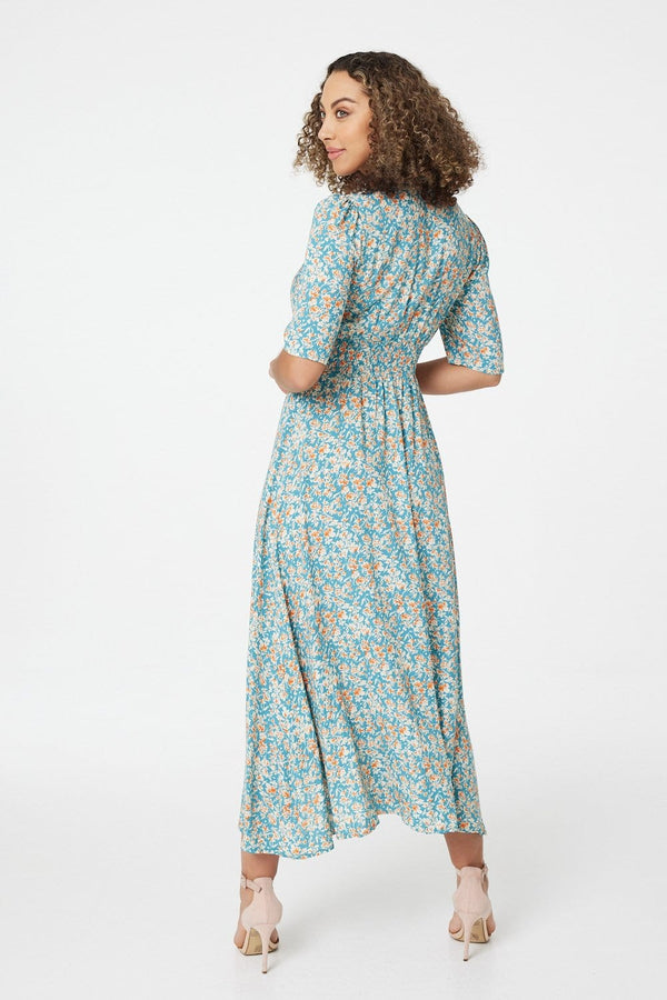 Teal | Floral 1/2 Sleeve Maxi Dress