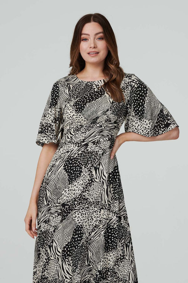 Black | Animal Print Midi Tea Dress