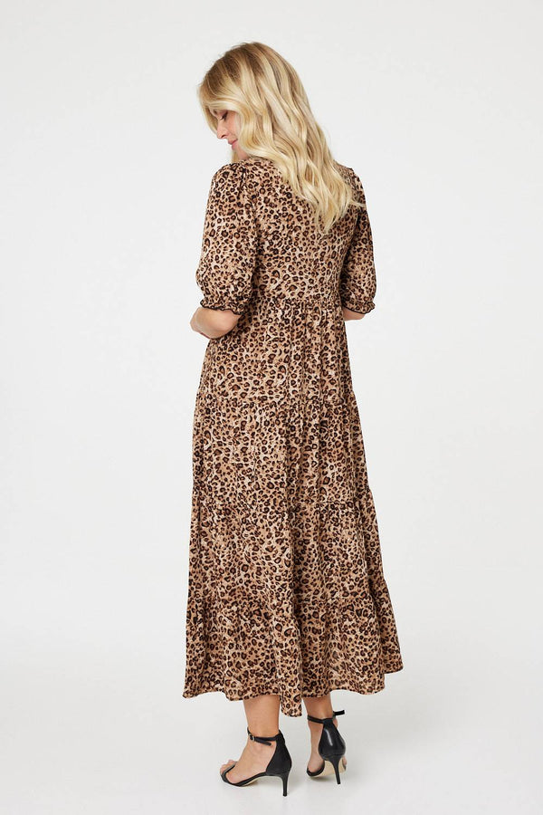 Brown | Leopard Print Tiered Maxi Dress