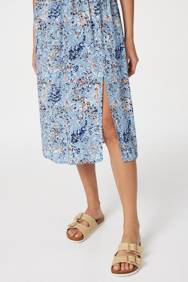 Blue | Floral Front Split Midi Dress