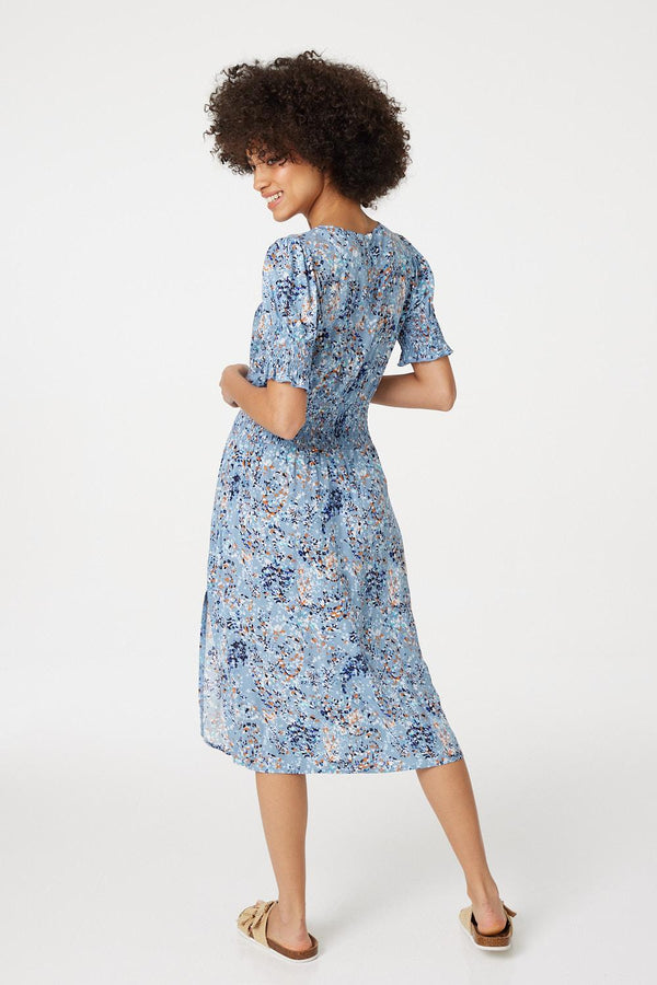 Blue | Floral Front Split Midi Dress