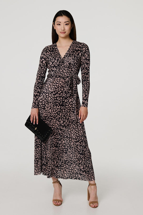 Black | Animal Print Pleated Wrap Midi Dress
